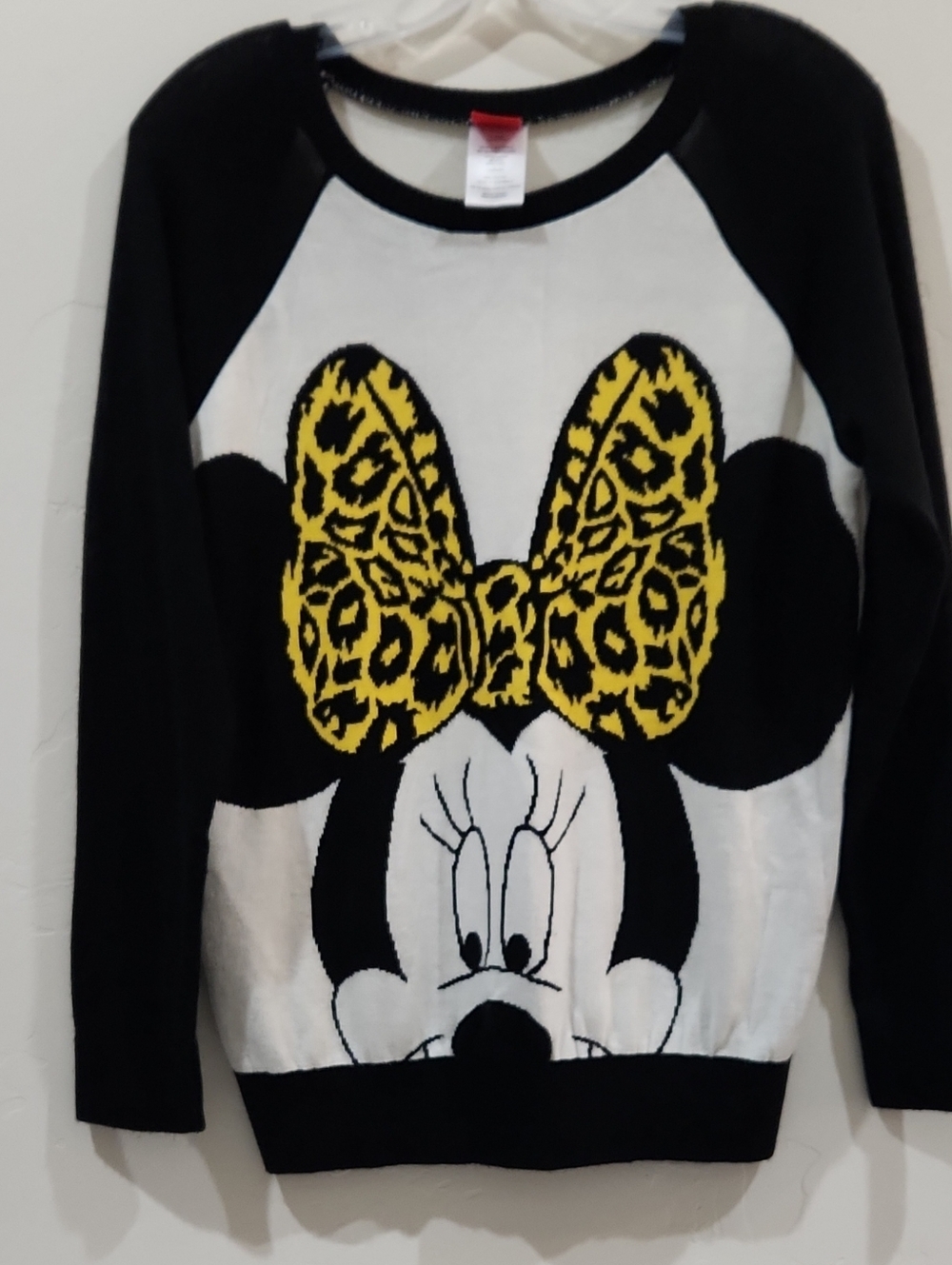 Disney Black, White & Yellow Minnie Mouse Sweater with Leopard Bow